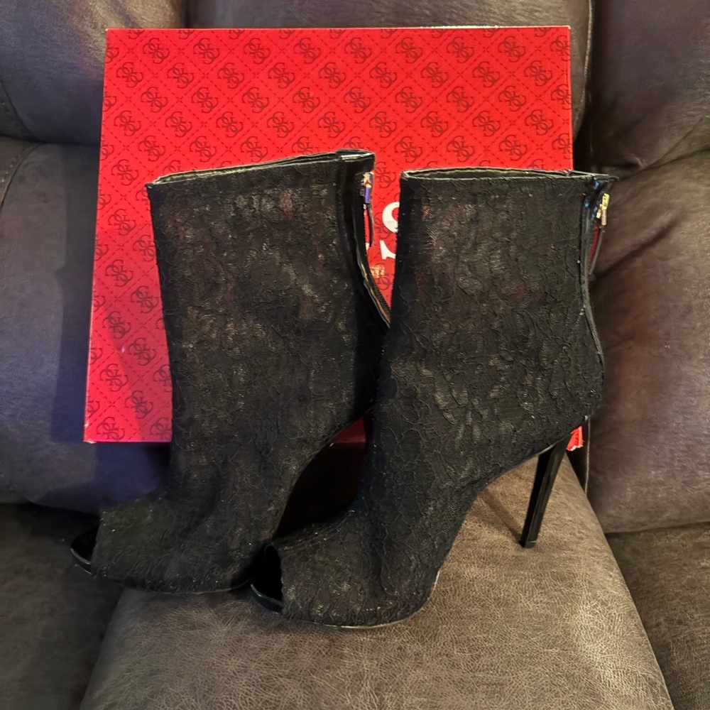 Guess Black Lace Peep-Toe Heeled Boots